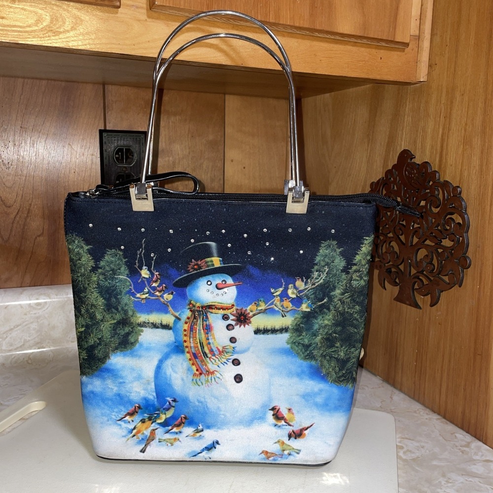 Christmas snowman bedazzle rhinestone purse handbag chrome handles